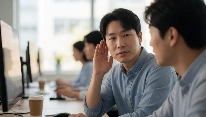 직장 동료의 말을 잘 듣기 위해 몸을 기울이는 남성 직장인의 모습