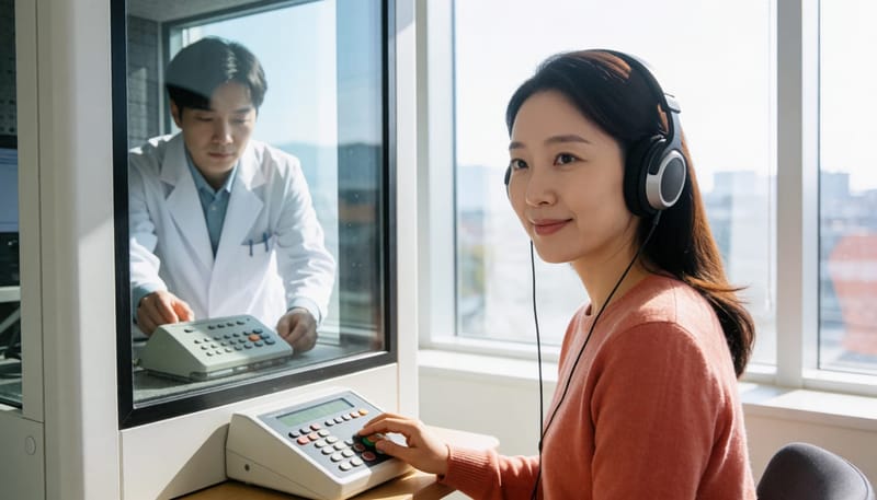 방음부스 안에서 헤드폰을 낀 채 순음청력검사를 받고 있습니다