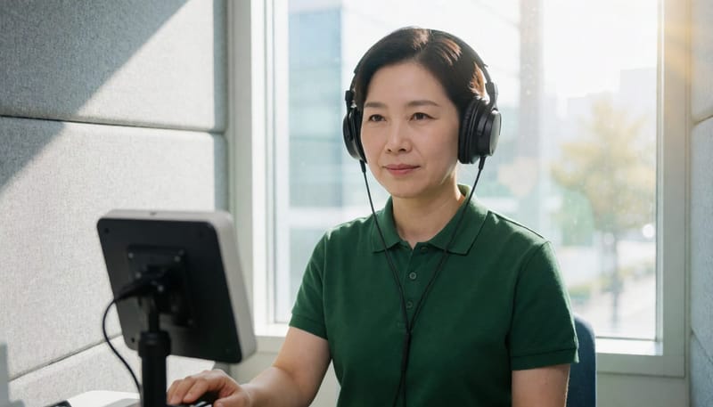 청력검사는 방음부스 안에서 헤드폰을 쓰고 작은 소리부터 단계적으로 들려주며 반응을 확인하는 방식으로 진행됩니다.