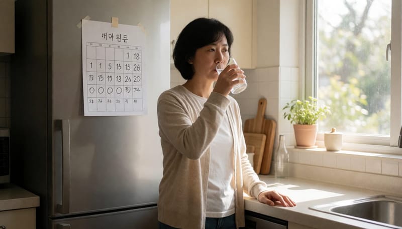 여성이 아침에 물을 마시며 달력을 확인하는 생활관리 장면