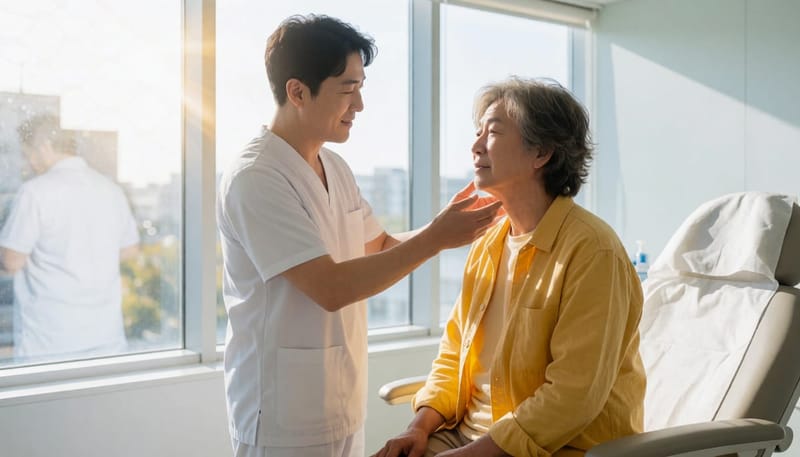 목 앞쪽을 손으로 촉진해 결절 여부를 먼저 확인하는 과정입니다