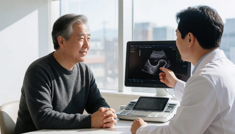 검사 결과를 함께 확인하며 다음 관찰 주기를 상담하는 모습입니다.