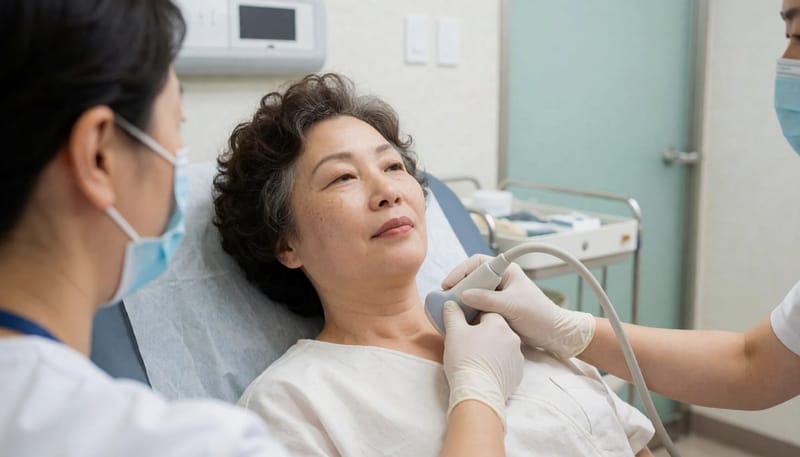갑상선초음파는 젤을 바른 뒤 탐촉자로 목 앞쪽을 살피며 10~15분 내외로 진행됩니다.