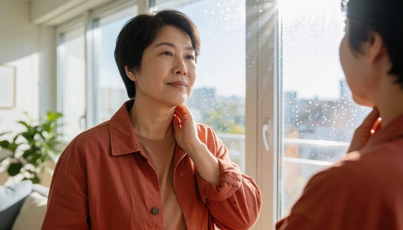 환절기 아침, 목 앞쪽 불편함을 스스로 확인해보는 모습