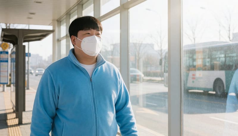 미세먼지가 심한 날 마스크를 착용하고 외출하는 모습