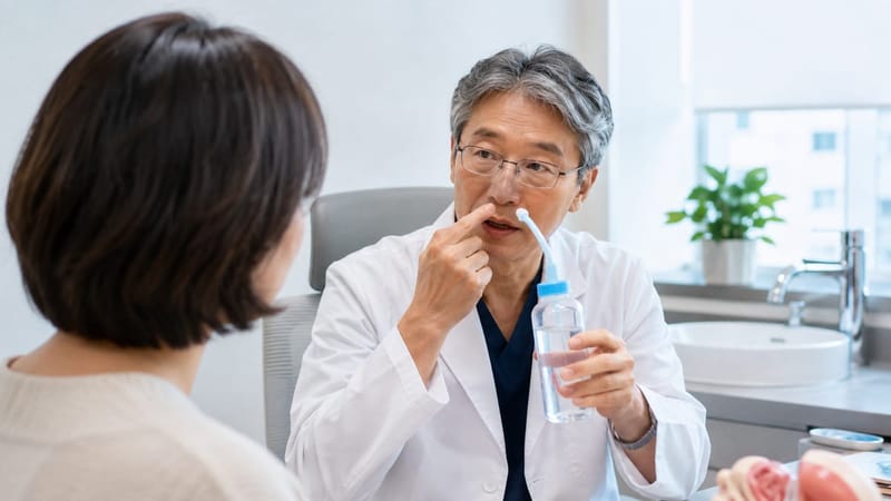 생리식염수를 이용한 코 세척 방법을 안내하는 모습