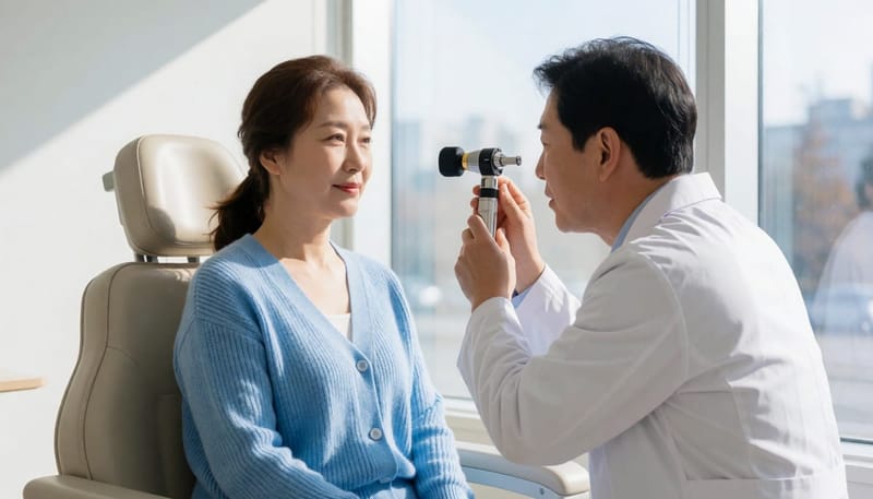 이경검사로 외이도와 고막 상태를 먼저 확인하는 모습입니다.