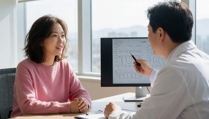청력검사 결과지를 함께 보며 치료 방향을 상담하는 모습입니다.