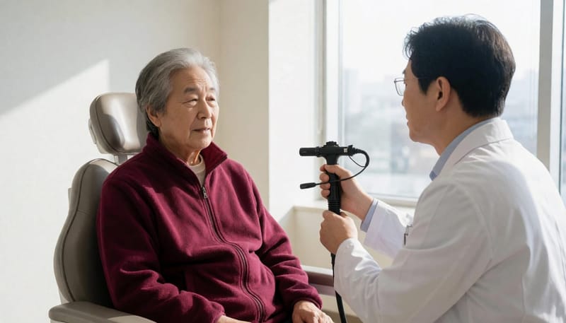 쉰 목소리가 오래 지속되면 후두내시경으로 성대 상태를 직접 확인합니다.