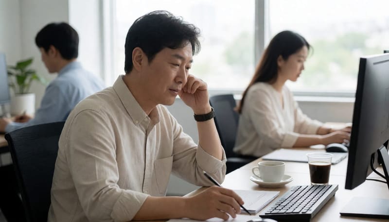 직장인이 낮 시간 사무실에서 졸음과 피로한 표정을 보이고 있다
