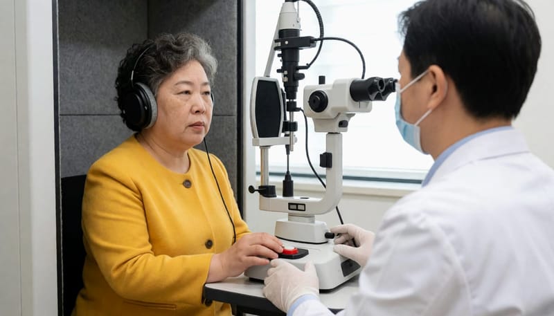 순음청력검사는 방음 부스 안에서 여러 주파수의 소리를 듣고 반응하는 방식으로 진행됩니다.
