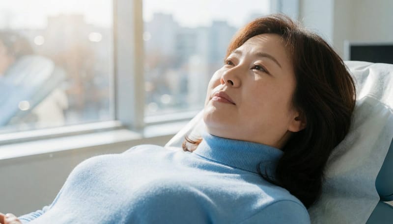안진검사용 고글을 착용하고 평형기능검사를 받는 모습
