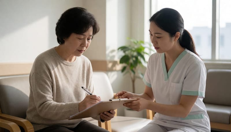수면다원검사를 앞두고 문진표를 작성하며 간호사와 상담하는 여성