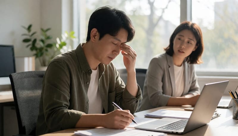 낮 시간 피로감으로 하품하며 눈을 비비는 사무실 직장인