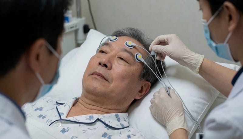 수면다원검사는 뇌파·호흡·산소포화도 등 10개 안팎의 신호를 하룻밤 동안 동시에 기록합니다.