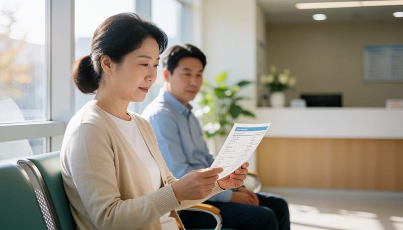 건강검진 결과지를 받아 살펴보는 중년 여성