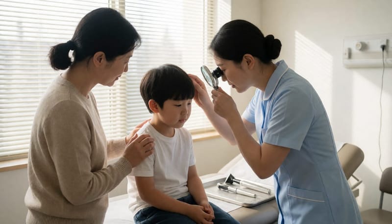 소아과 진료실에서 간호사가 확대경으로 남자아이의 머리카락과 두피를 살펴보는 모습
