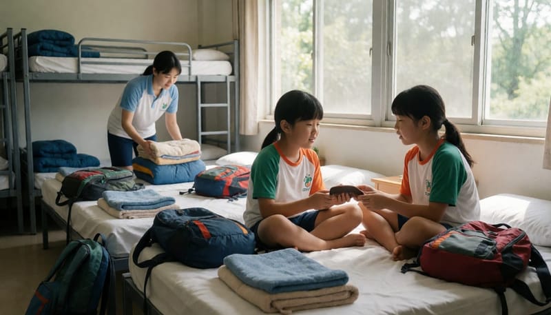 여름캠프 기숙사에서 아이들이 침대에 앉아 나란히 머리를 빗고 있는 모습
