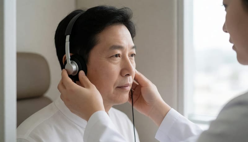 청력검사용 헤드폰을 귀에 대보는 중년 남성의 모습
