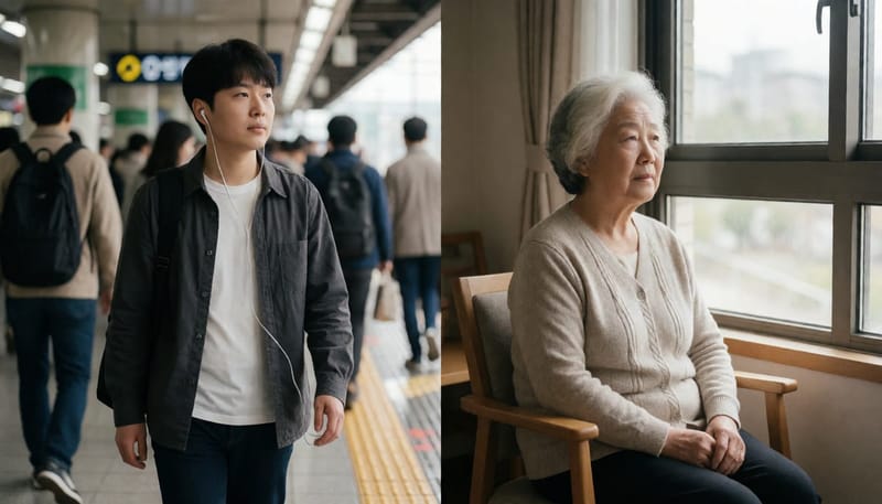 소음 환경에 노출된 젊은이와 조용히 나이 들어가는 노년 여성의 대비되는 일상