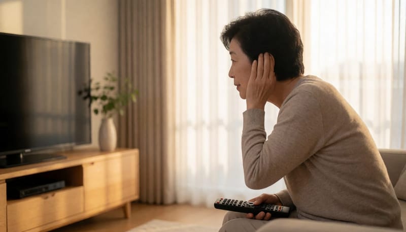 TV 소리를 더 잘 들으려 귀에 손을 대고 몸을 기울이는 중년 여성
