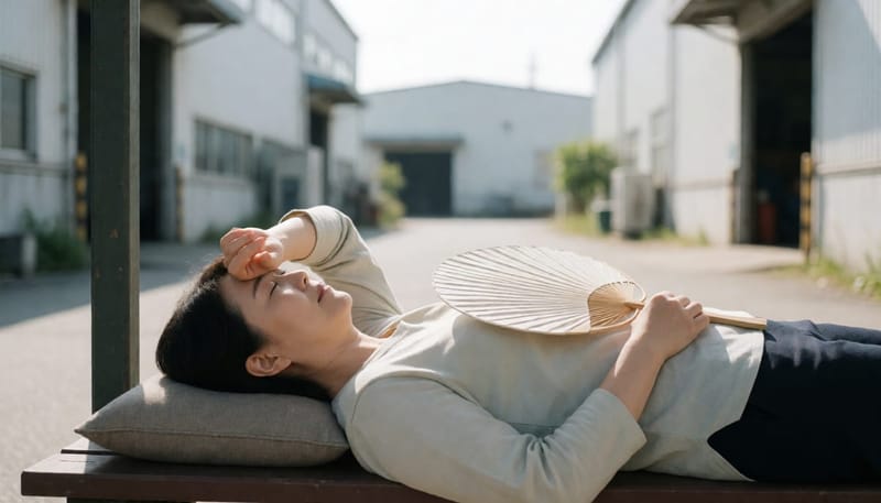 휴식 공간 벤치에 지친 채 누워 쉬고 있는 여성 근로자