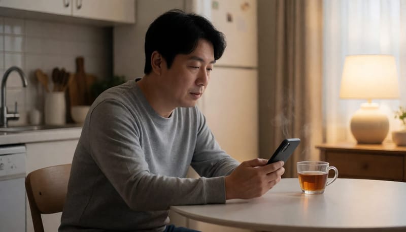 저녁에 집에서 스마트폰을 보며 멍하니 앉아 있는 지친 남성