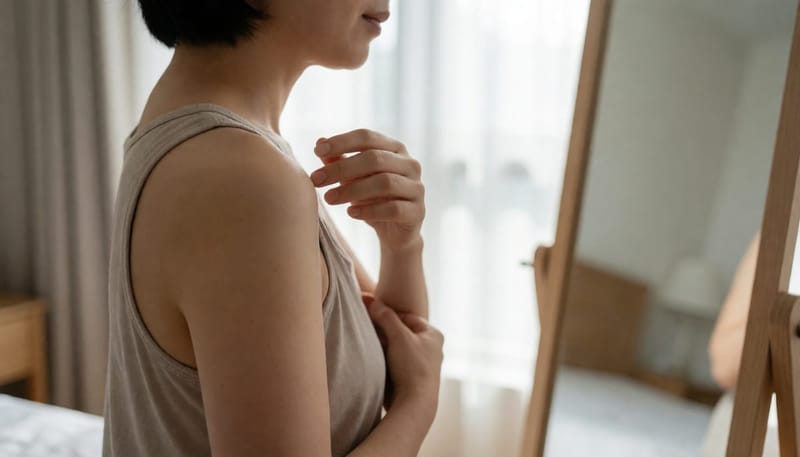 젊은 여성이 거울 앞에서 어깨에 생긴 좁쌀 발진을 살펴보는 모습