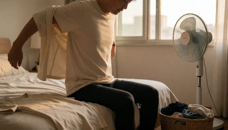 남성이 통풍 안 되는 옷을 벗고 헐렁한 면 옷으로 갈아입는 생활 장면