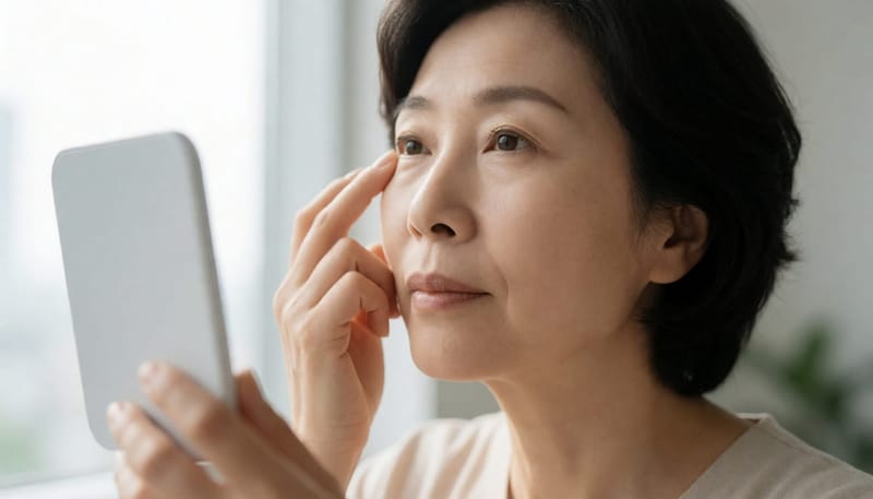 직장인 여성이 거울을 보며 손가락으로 처진 윗눈꺼풀을 살짝 들어 올리는 모습