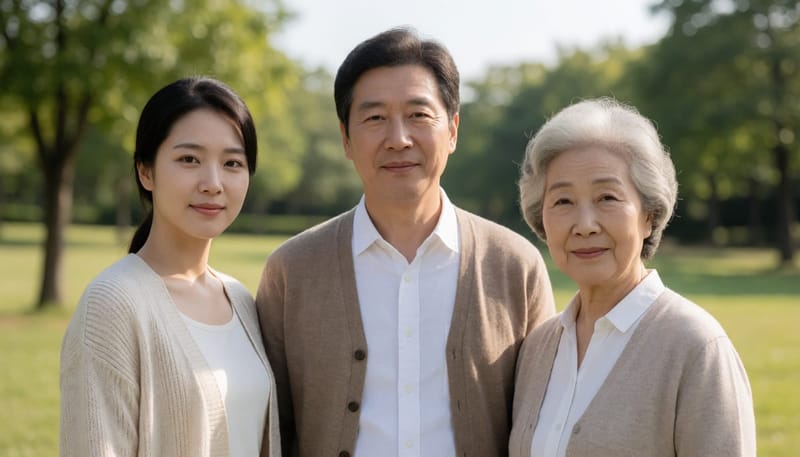 20대 여성, 50대 남성, 70대 여성이 나란히 서 있는 세대별 눈매 비교 장면
