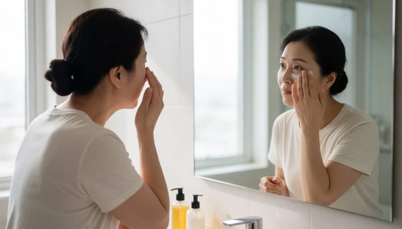 40대 여성이 욕실 거울 앞에서 눈가에 자외선 차단제를 바르는 생활 관리 모습