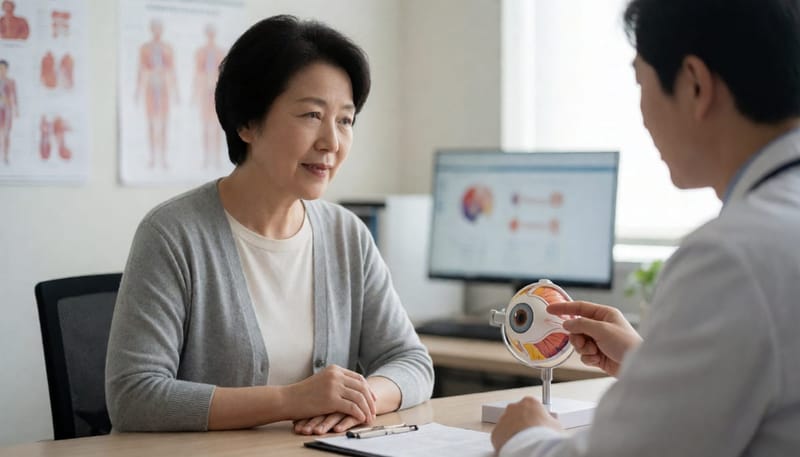 의사가 눈 모형을 가리키며 환자에게 수술 여부를 상담하는 장면