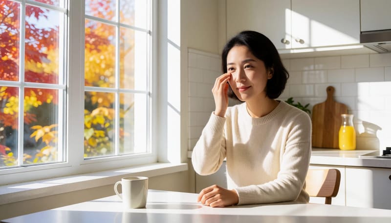 환절기 아침 햇살 속 눈 밑을 만지며 떨림을 느끼는 여성