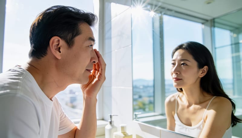 거울 앞에서 눈꺼풀과 입꼬리를 번갈아 만지며 비교하는 남성