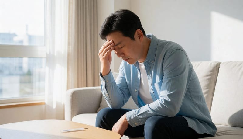 고열과 몸살로 소파에 앉아 이마를 짚고 있는 남성