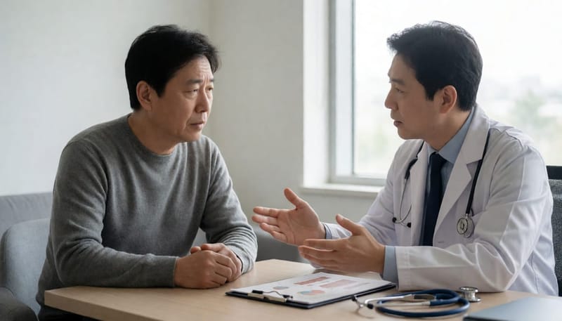 접종 전 상담을 받는 환자와 의사