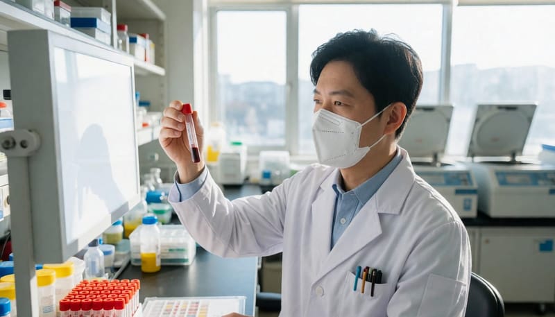 혈액 샘플을 검사하는 임상병리사의 모습