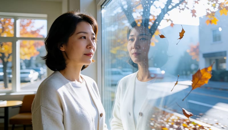 환절기 아침, 창밖 건조한 공기를 바라보는 여성