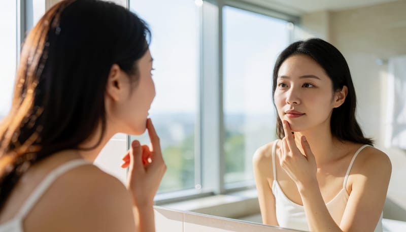 거울 앞에서 옆구리 통증과 피부색을 살피는 여성