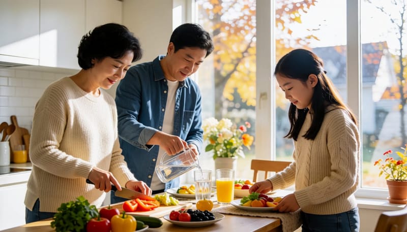 환절기 건강관리를 위해 아침을 준비하는 가족