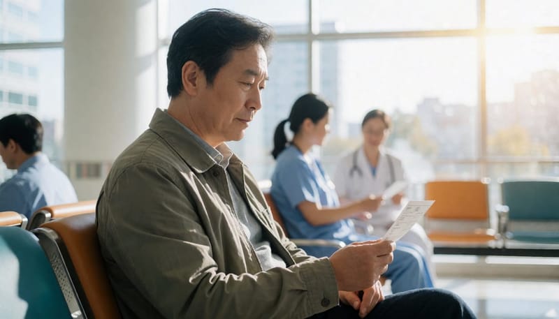 건강검진을 위해 병원 대기실에 앉아있는 남성