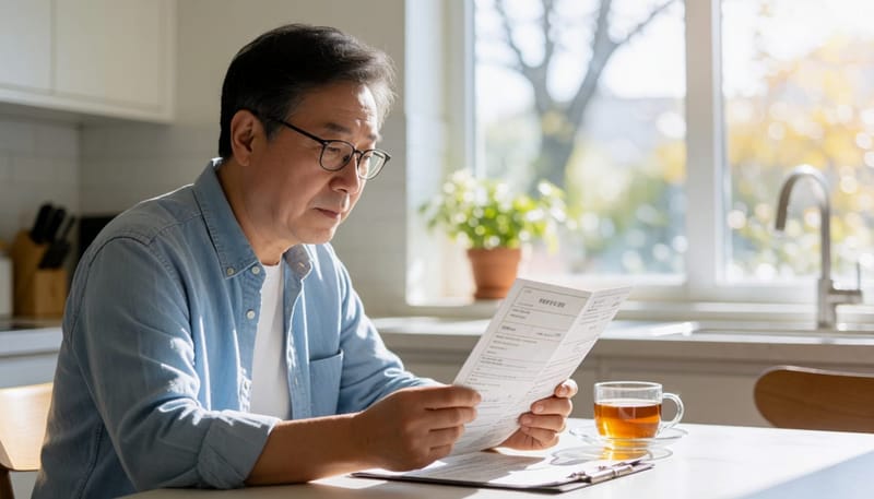 건강검진 안내문을 유심히 살펴보는 중년 남성