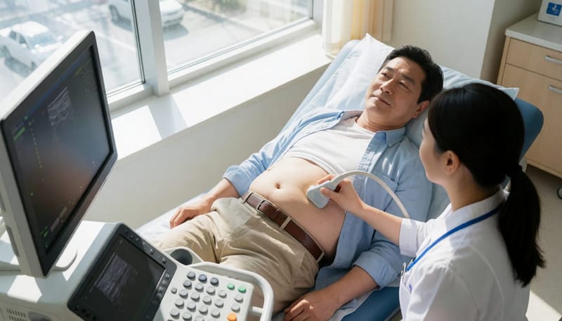 증상 없이 복부 초음파 검사를 받는 남성