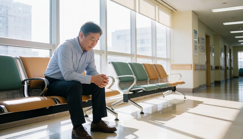 확진 이후 홀로 병원 복도에 앉아 고민하는 남성