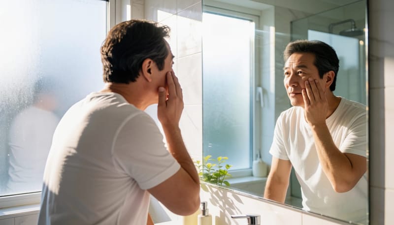거울을 보며 몸 상태를 살피는 중년 남성