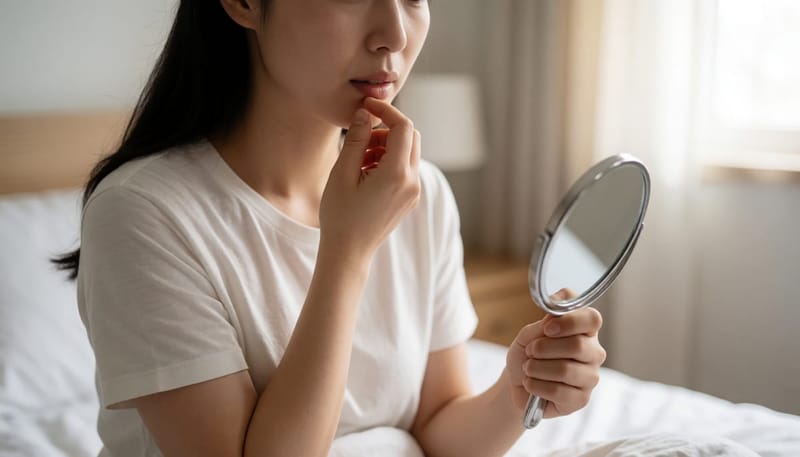 입술 물집을 손으로 만지며 걱정스러운 표정을 짓는 여성
