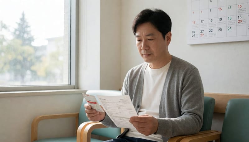 진료 후 약봉투를 들고 대기실에 앉아 있는 남성