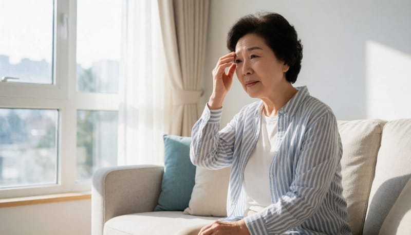 이마 통증을 살피며 걱정스러운 표정을 짓는 중년 여성