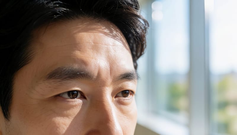 이마와 눈꺼풀 한쪽에 나타난 물집 병변 클로즈업